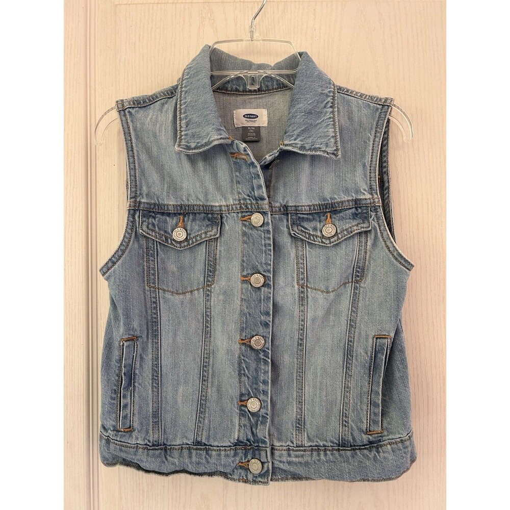 Old Navy Girls XL 14 Light Wash Denim Trucker Vest Jacket Sleeveless 90s Boho - Picture 11 of 12
